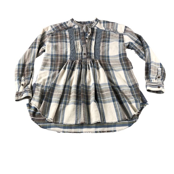 Free People Blue Plaid Long Sleeve Flowy Top w/ Buttons, Boho - Picture 1 of 11